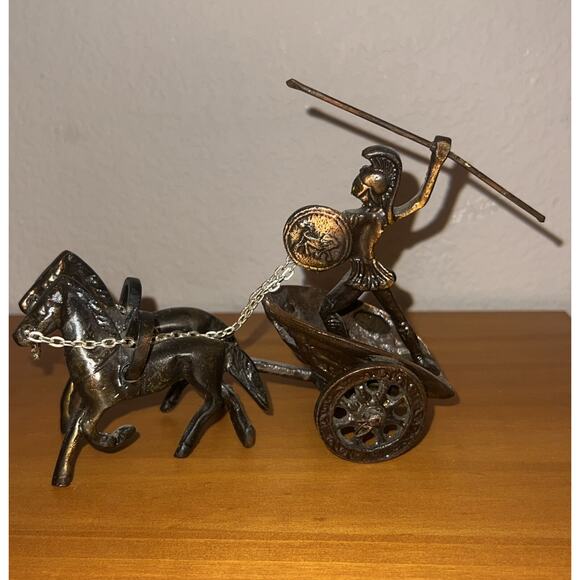 Vintage Roman Centurion Solider In Chariot With Horses Brass Copper Tone Heavy - Picture 4 of 6